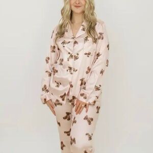 Coquette satin pink teddy bear long sleeve pajama set